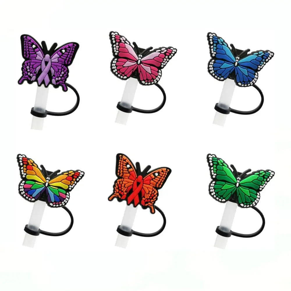 Reusable Butterfly Design Silicone Straw Cover Cap without Straw, 6pcs Assorted Color Dustproof Water Bottle Straw Top Cover for 7-8mm Straw