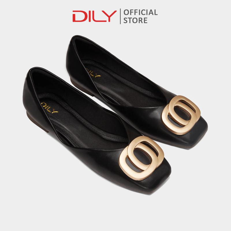 Giày búp bê nữ DILY mũi vuông đính khoá kim loại sang trọng, búp bê nữ xinh xắn đế bệt tiểu thư cao 1cm AA0434