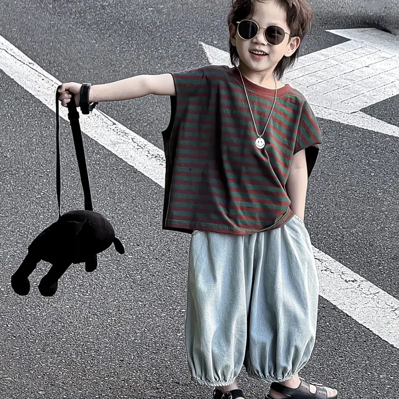 Bộ Quần Áo Trẻ Em, Phong Cách Hàn Quốc, Dành Cho Bé Trai Và Bé Gái, Áo Phông Và Quần Chống Muỗi Dáng Rộng, Bộ Áo Phông Khối Màu, Hợp Xu hướng, Mùa Hè 2024 1