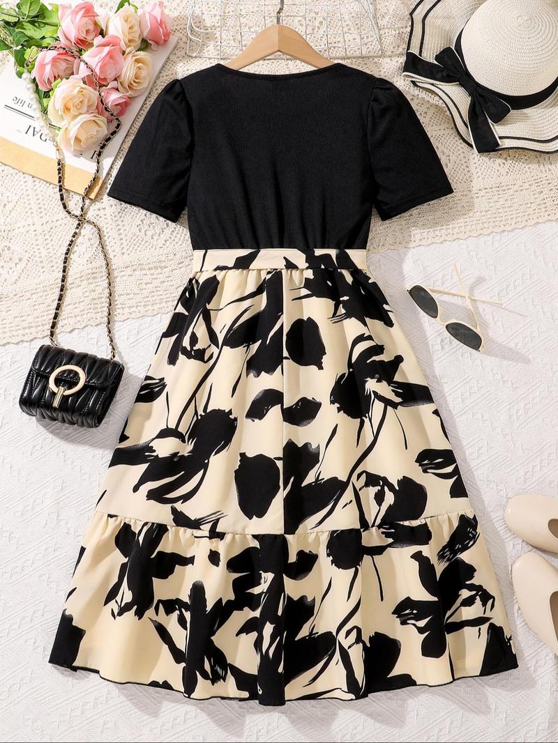 Product Introduction of Girl's Floral Print Belted A Line Dress, Elegant Fashion Casual Short Sleeve Dress for Daily Outdoor Wear, Girls Dress for Summer 2