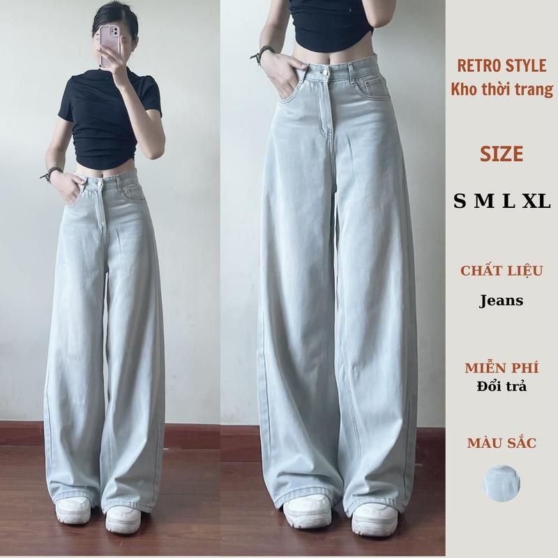 Quần jeans xanh bạc ánh rêu QC ống rộng - Nữ Women