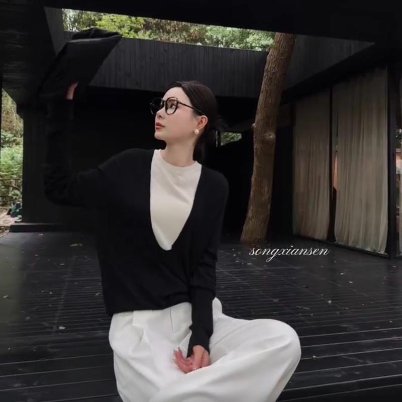 Set Áo thun nữ 2 mảnh cổ tròn dài tay mix Quần xuông ống rộng thiết kế cao cấp thu đông 2026 top Women cá tính trơn