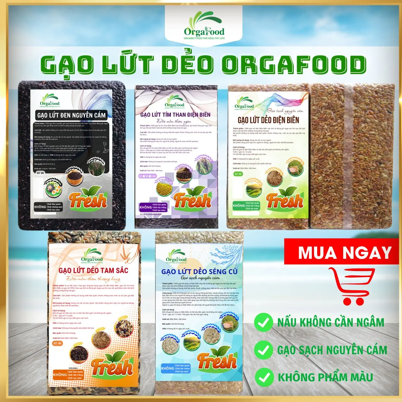 Gạo lứt dẻo Orgafood túi 1kg [nhiều loại gạo], nấu không cần ngâm, ăn eatclean, healthy