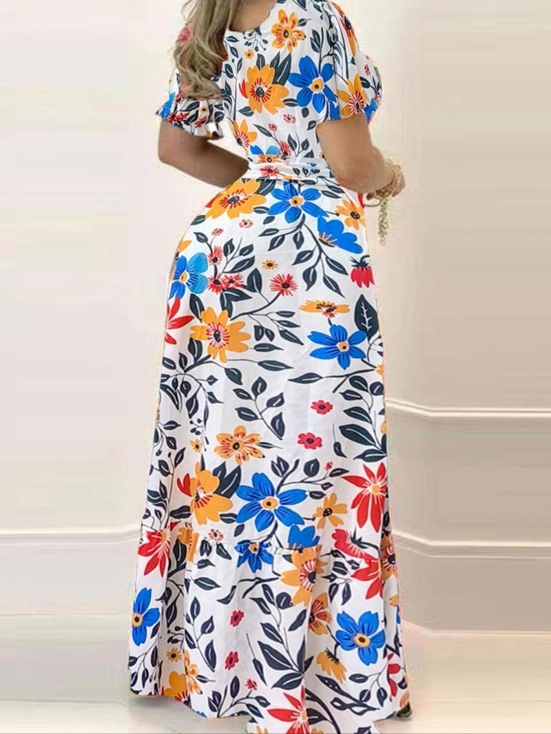 Product Introduction of Women's  Floral Print Belted  Dress, Boho Fashion Casual Flounce Sleeve Dress for Daily Holiday Vacation Wear, Ladies Dress for Summer 2