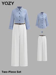 Yozy Women's Striped Print Button Front Shirt & Solid Color Wide Leg Pants Set with Belt, Casual Commute Outfits for Work Office Business, Ladies Clothes for Spring & Fall