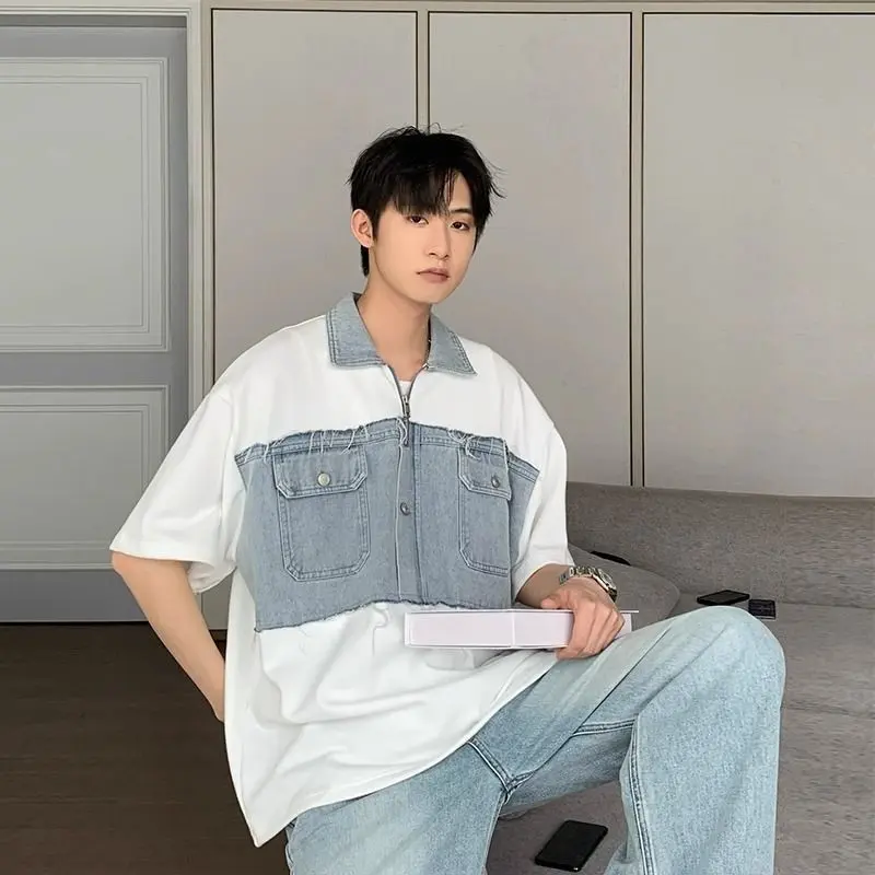 Áo Thun Phong Cách Hồng Kông Ins Thiết Kế Khâu Denim Cổ Điển Thương Hiệu Thời Trang Dáng Rộng Mùa Hè Cho Nam, Áo Polo Giả Hai Lớp 1
