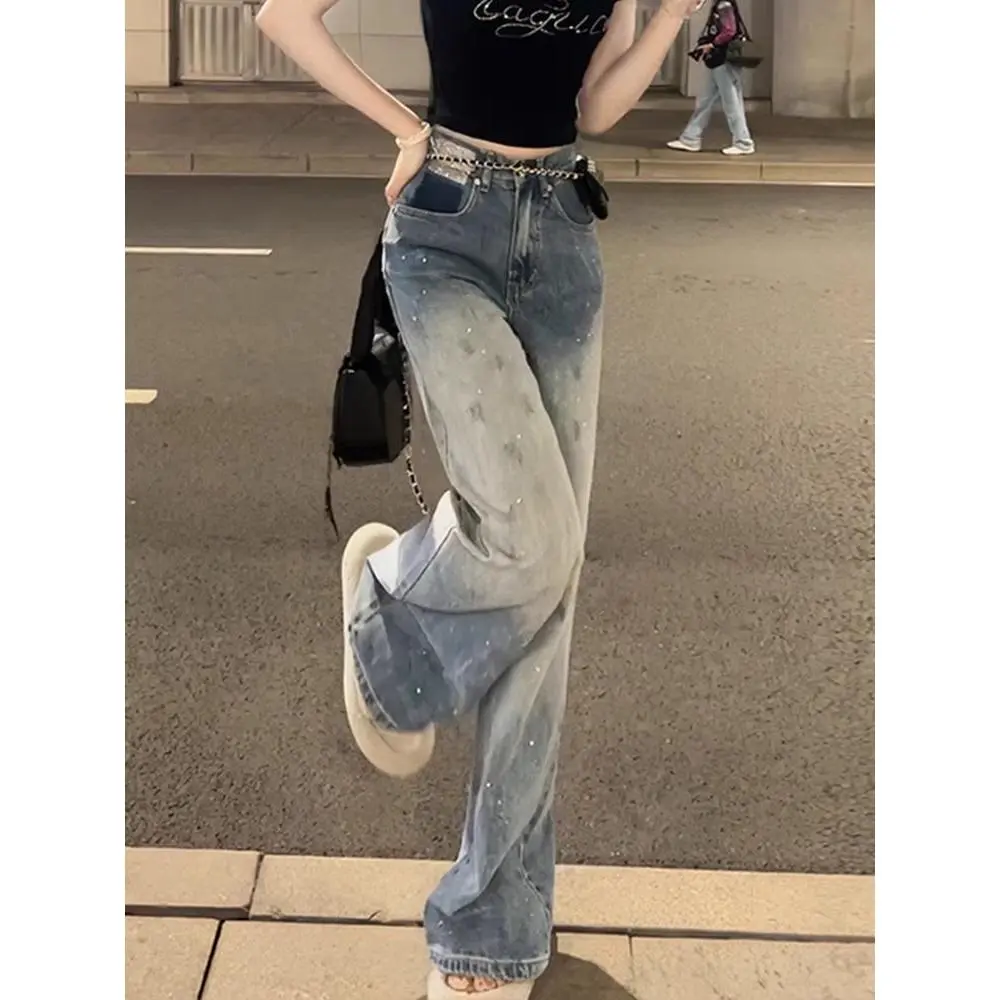 Quần Dài Jean Ống Rộng, Phong Cách Mỹ, Dành Cho Nữ, Thiết Kế Lấp Lánh, Gradient Kim Cương Giả, Cạp Cao, Quần Ống Đứng Và Dáng Rộng Vừa Vặn, Quần quét đất Nhà Đã Giặt, Thời Trang