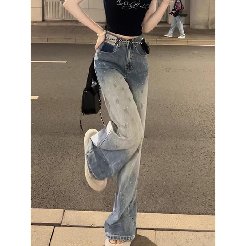 Quần Dài Jean Ống Rộng, Phong Cách Mỹ, Dành Cho Nữ, Thiết Kế Lấp Lánh, Gradient Kim Cương Giả, Cạp Cao, Quần Ống Đứng Và Dáng Rộng Vừa Vặn, Quần quét đất Nhà Đã Giặt, Thời Trang 0