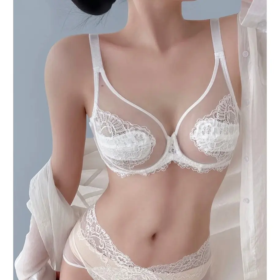 32-40ABC underwear women's thin section of large breasts show small breasts set gathered full cup push up side  adjustment anti-sagging ultra-thin bra Basic Fabric