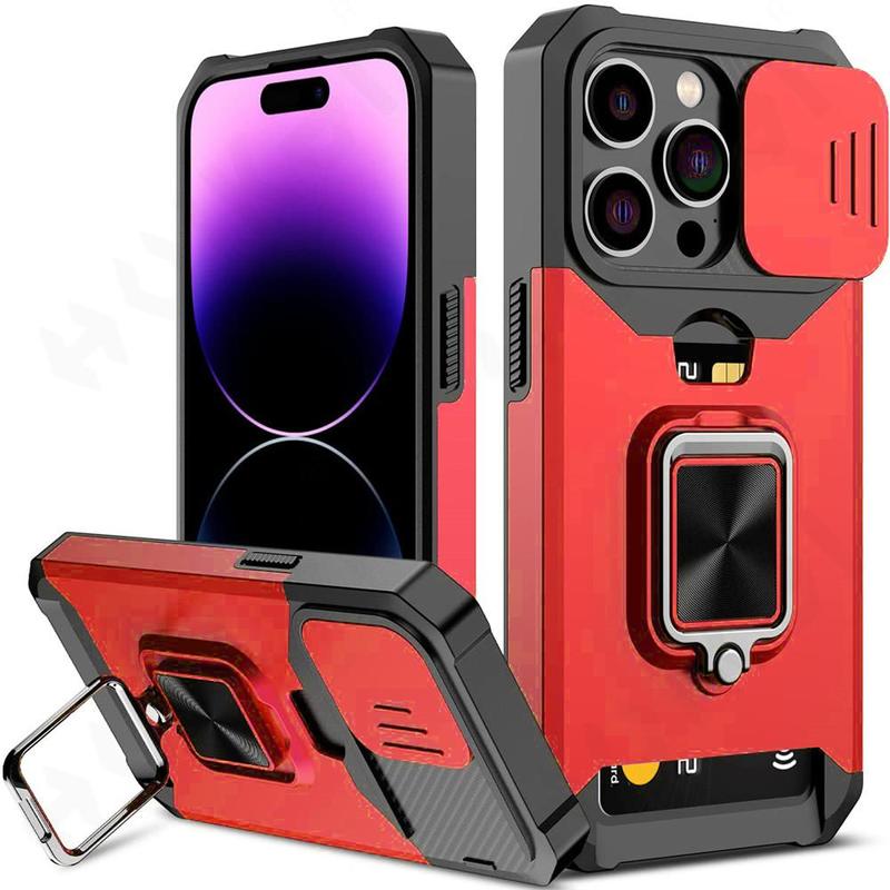Shockproof Hard Phone Case with Stand & Card Slot, Anti-fall Phone Protective Cover Compatible with iPhone Series, National Day Offers 1