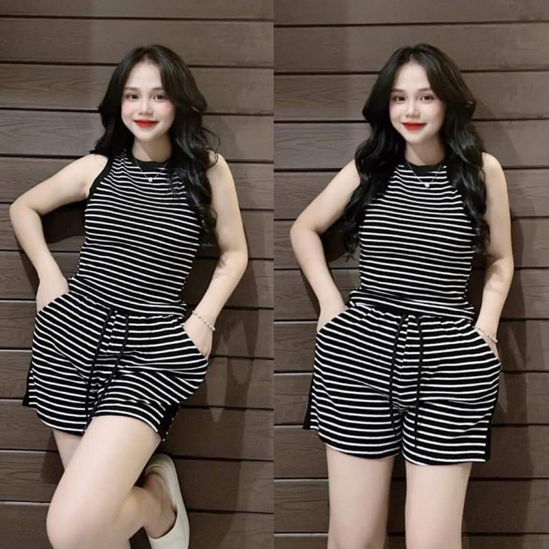 Set Quần Đùi Gân Áo Sát Nách 4 Màu Sọc Nữ Women