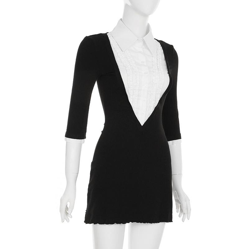 Product Introduction of Váy ngắn Bodycon, Phong Cách Người Nổi Tiếng Ins, Phong Cách Preppy, Váy Có Gân Khối Màu, Thanh Lịch, Cổ Áo Sơ Mi, Dành Cho Phụ Nữ váy  trắng váy  có  cổ  khoét  sâu hoa  xù  đầm  body 14