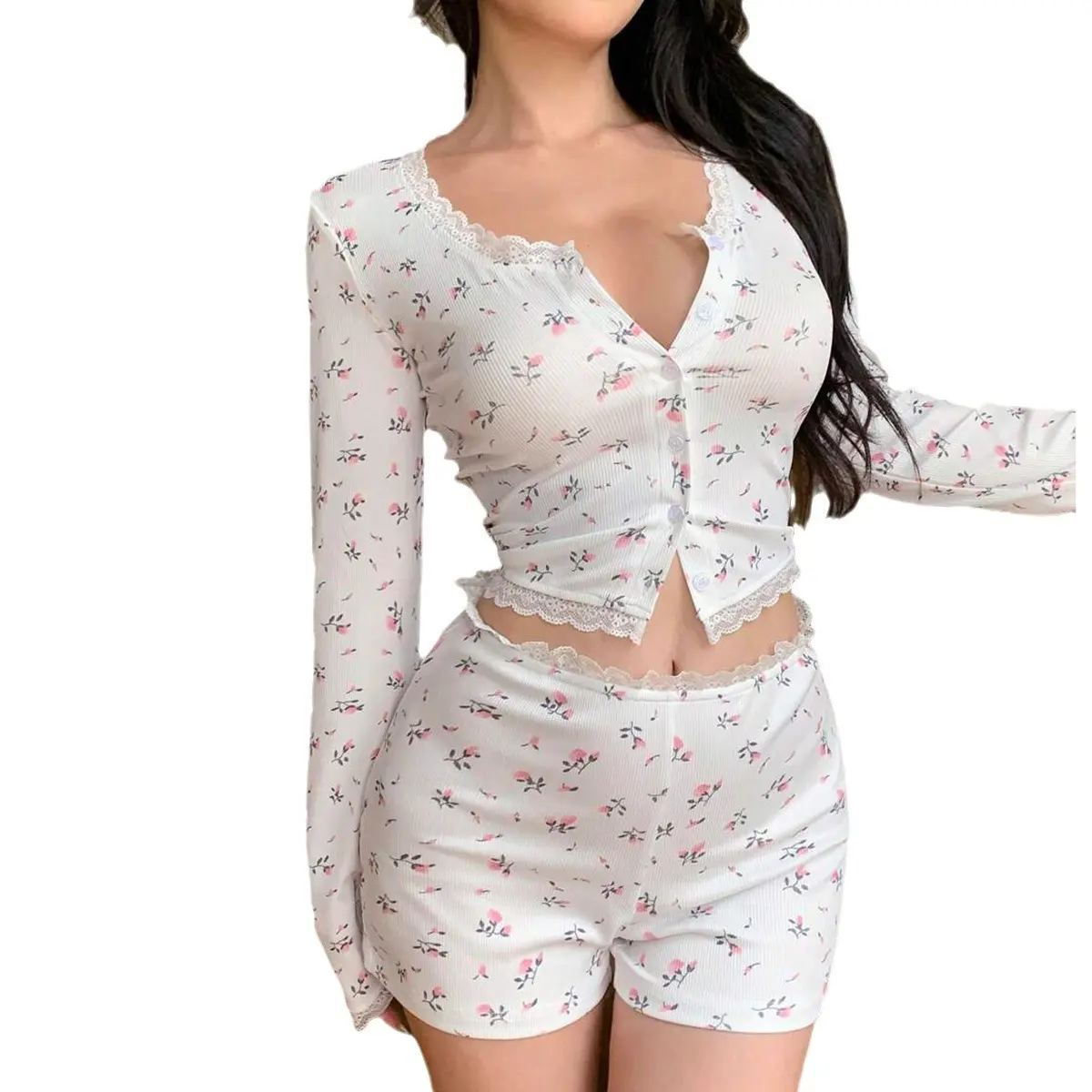 Set Piyama Wanita, Lengan Panjang, Kardigan Bunga Ketat dengan Kemasan Renda, Seluar Pendek Mendedahkan Pinggang, Pakaian Ruang Tidur Pajamas Sleepwear