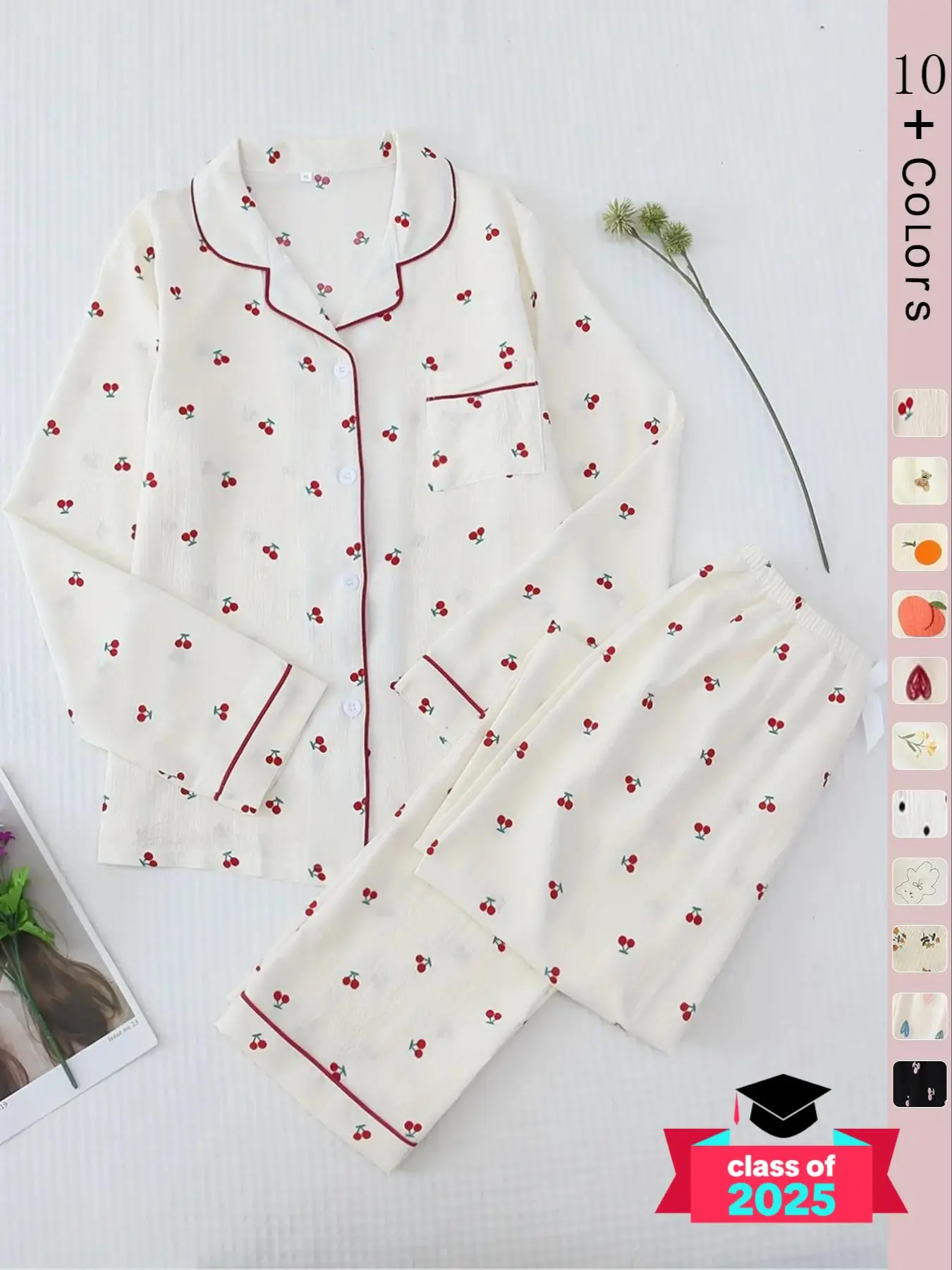 Cartoon Print Button Front Blouse & Bow Front Contrast Binding Pj Pants Pajamas Set, Cute Comfort Breathable Thin Longsleeves Lapel Top & Trouser for Women, Pajama Sets, Back To School Nightwear, Gift for Her, Loungewear Homewear Chic Style Wear