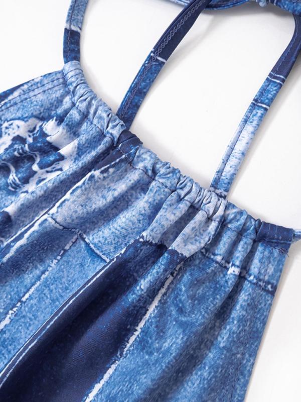 Women's Denim-effect Print Halter Dress, Fashion Casual Sleeveless Short Dress for Daily Outdoor Wear, Ladies Dress for Summer 5
