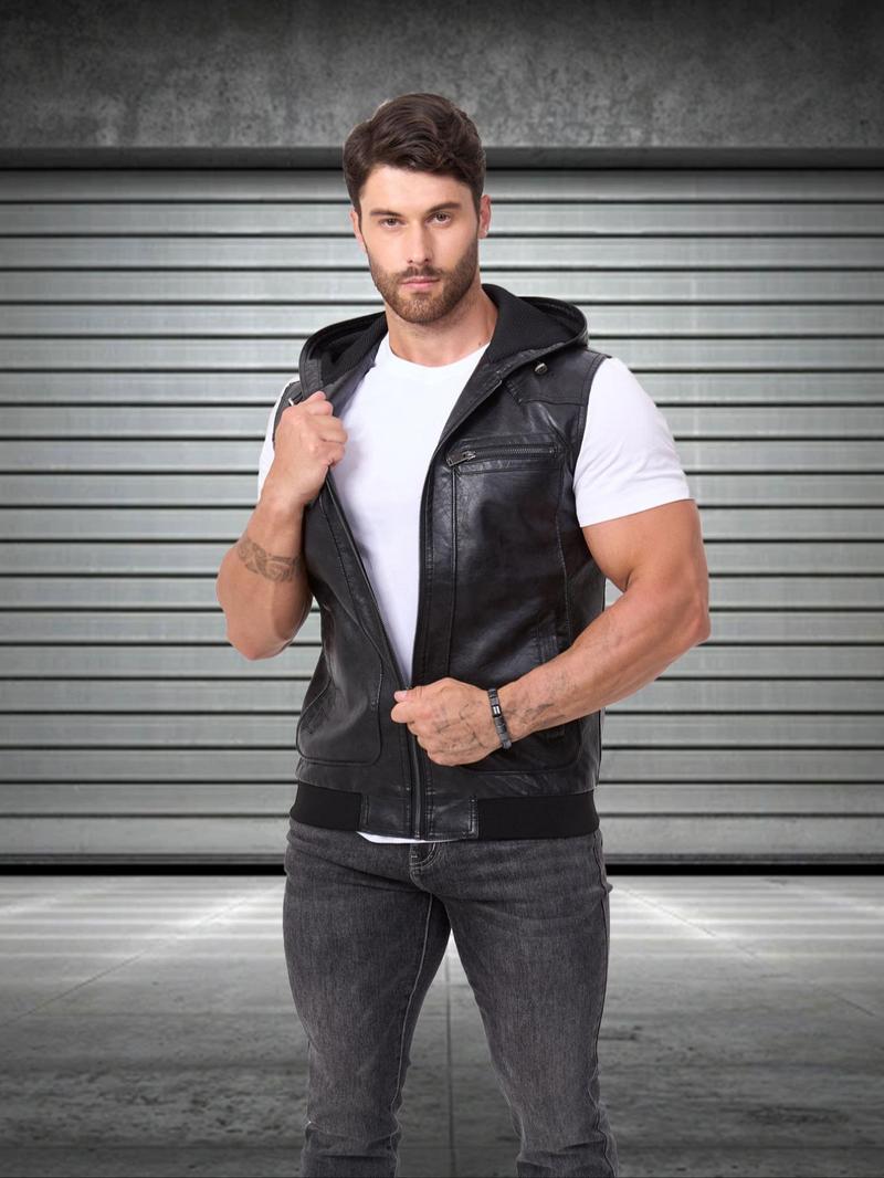 Product Introduction of Men's Solid Color PU Leather Vest Jacket, Casual Fashion Sleeveless Outerwear for Daily Outdoor Wear, Men Cloths for Fall & Winter 8