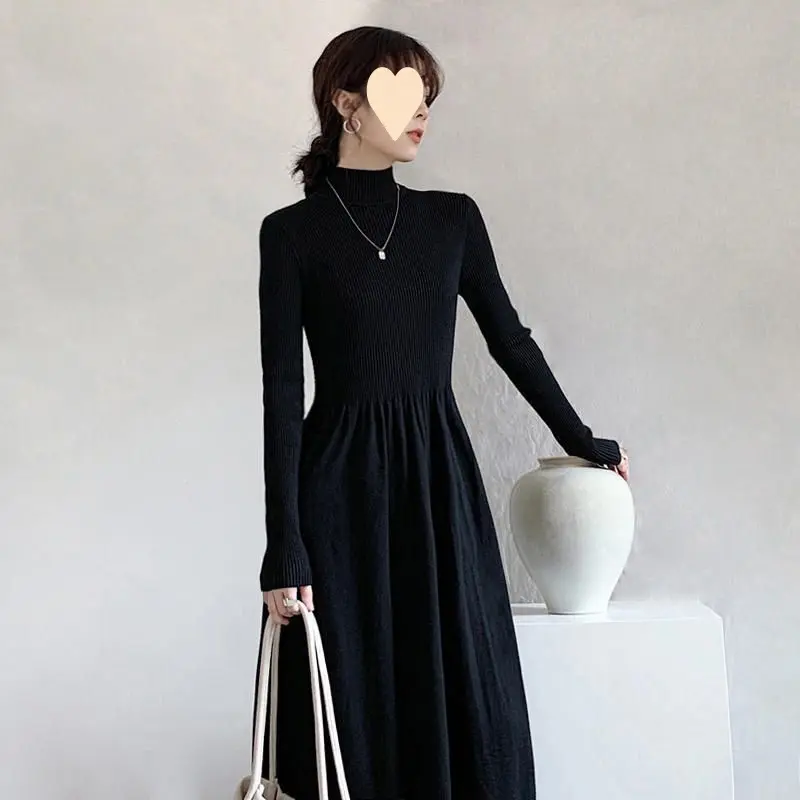 Áo Khoác Mùa Đông, Lớp Bên Trong, Phong Cách Hepburn, Váy Len Pháp, Màu Đen, Cổ Lọ Nửa, Váy Cơ Sở Dệt Kim, Dành Cho Phụ Nữ, Thích Hợp Cho Mùa Thu Và Mùa Đông