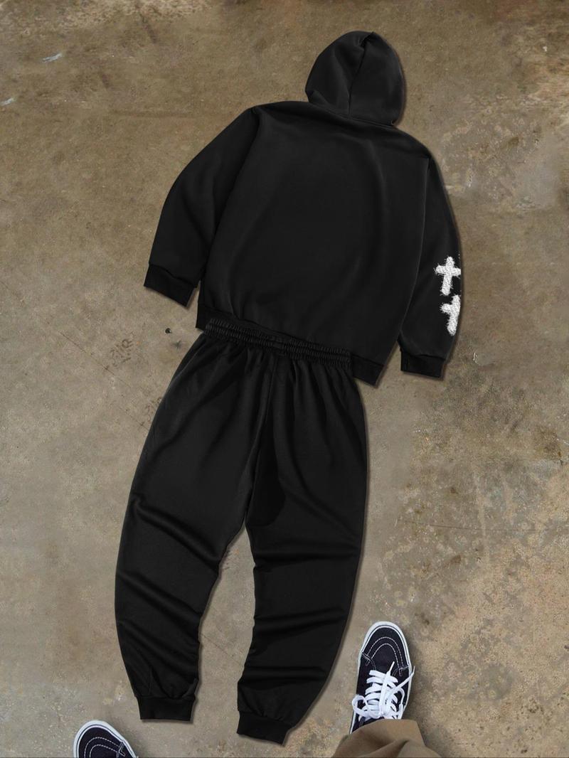 Product Introduction of 【Plus Size】 Two-Piece Set Cross & Face Print Hoodie & Drawstring Waist Sweatpants Set, Casual Long Sleeve Hooded Sweatshirt & Pocket Jogger Pants, Men's Two-piece Outfits for Fall & Winter 2