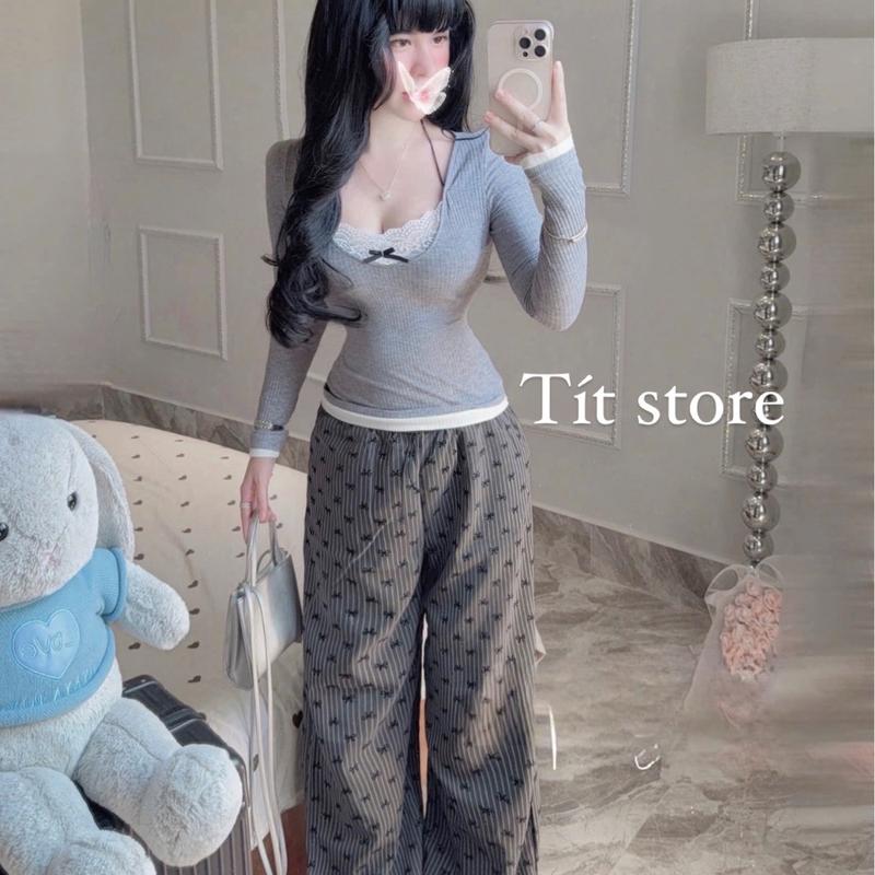Set Áo Tay Dài Xám Phối Ren Trắng Viền Trắng Kèm Quần Suông In Nơ Mini - Nữ Women Top-X49 2