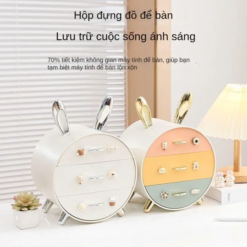 Hộp đựng đồ Mỹ Phẩm 3 ngăn để bàn tai thỏ siêu cute-HMshop