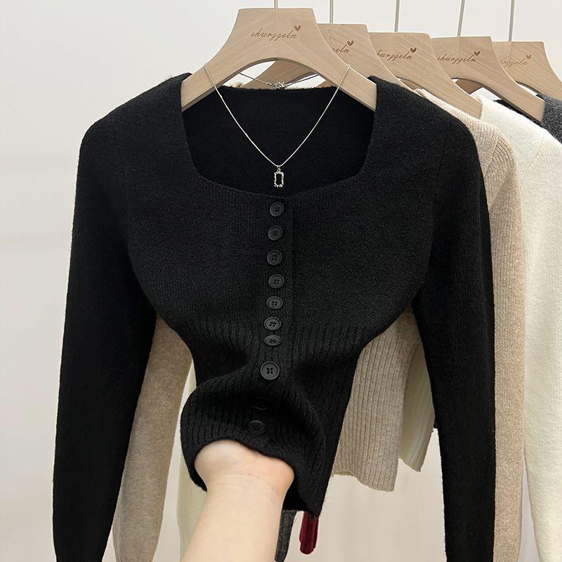 Áo Len Đỏ, Dệt Kim, Dài Tay, Dành Cho Nữ, Mùa Thu Và Mùa Đông, Thiết Kế Đẹp, Cổ Áo Vuông, Áo Cardigan Dệt Kim, Có Thể Mặc Bên Trong, Áo Cơ Sở Kiểm Soát Eo, Chủ Đề Giáng Sinh Và Năm Mới 5