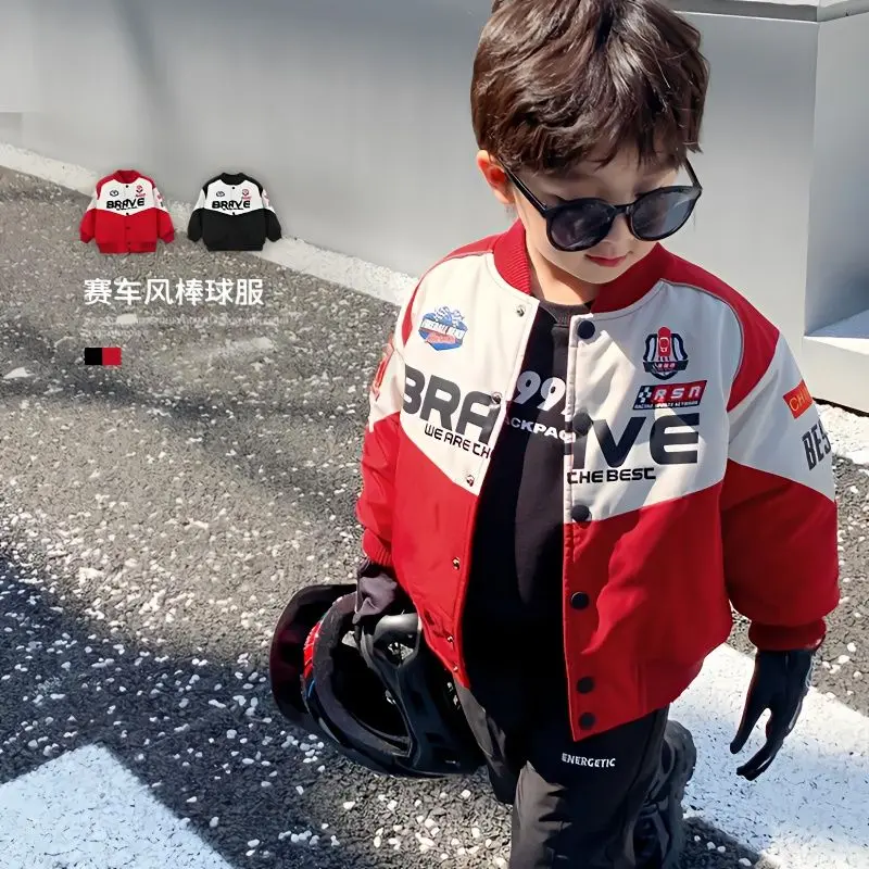 เสื้อแจ็คเก็ตเบสบอลเด็กผู้ชาย, เสื้อผ้าขี่มอเตอร์ไซค์, สีแดง, แฟชั่น, เหมาะสำหรับฤดูใบไม้ผลิและฤดูใบไม้ร่วง, เสื้อเด็ก, 2024 มาใหม่, สไตล์: เด็ก