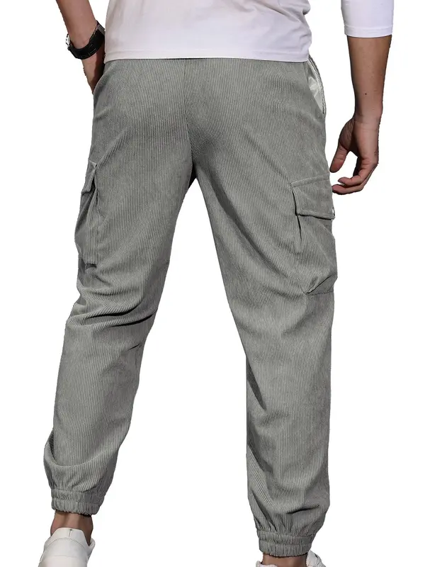 Men's Solid Pocket Drawstring Waist Corduroy Pants, Regular Fit Casual Street Fashion Trousers for Spring & Fall, Men's Bottoms for Daily Wear 5