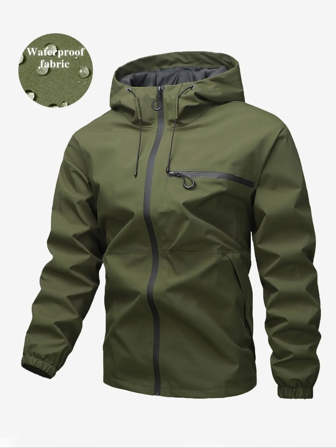 Men's Solid Color Drawstring Zip Up Hooded Jacket, Regular Fit Casual Comfortable Lightweight Windproof Waterproof Long Sleeve Zipper Pocket Design Hooded Outerwear for Daily Wear, Fashion Men's Clothes for All Seasons