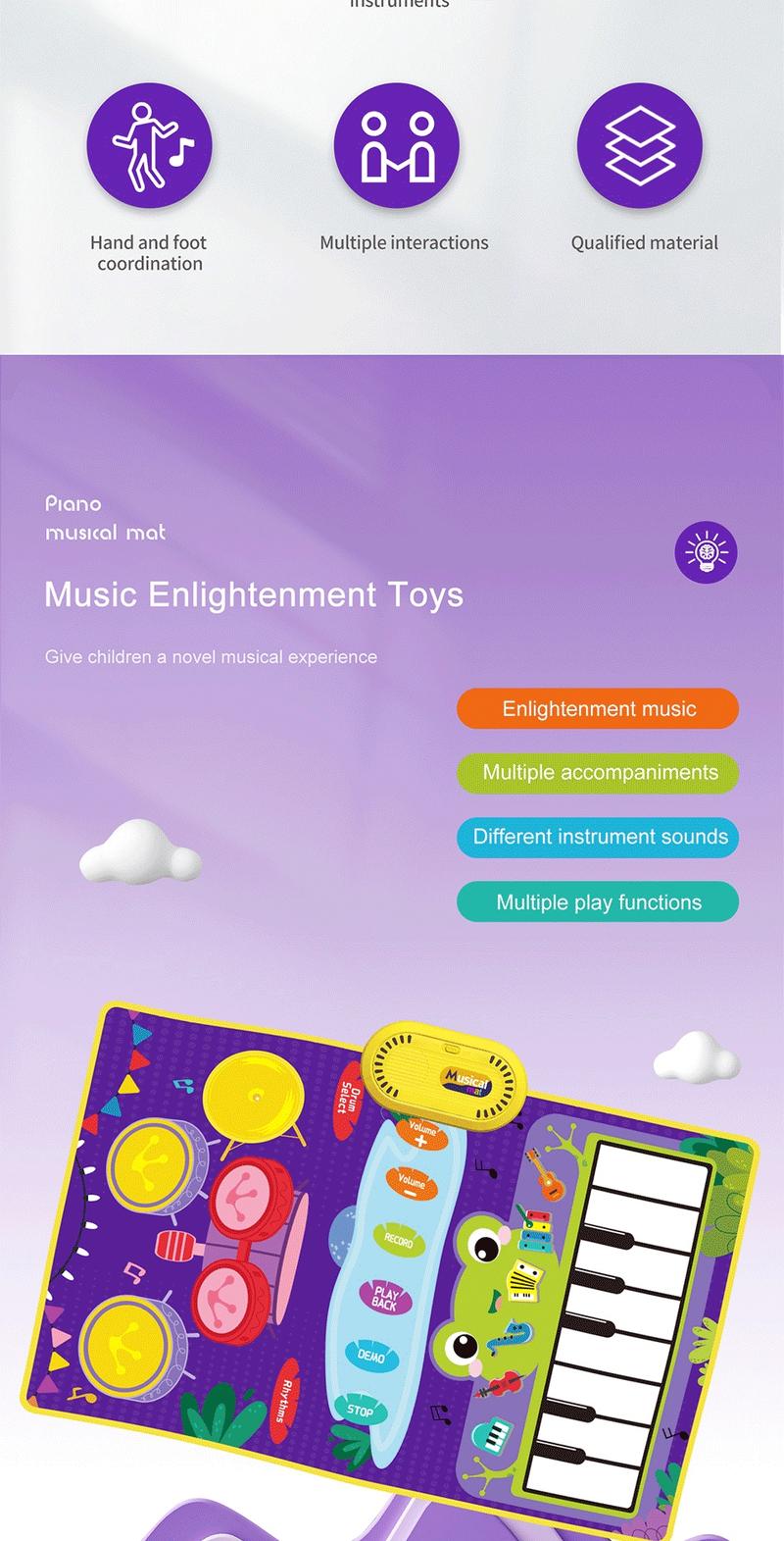 Product Introduction of Kids Musical Mat Piano Keyboard & Jazz Drum 2-in-1 Musical Toys for Toddlers Touch Play Floor Music Playmat Education Learning Toys Gifts 16