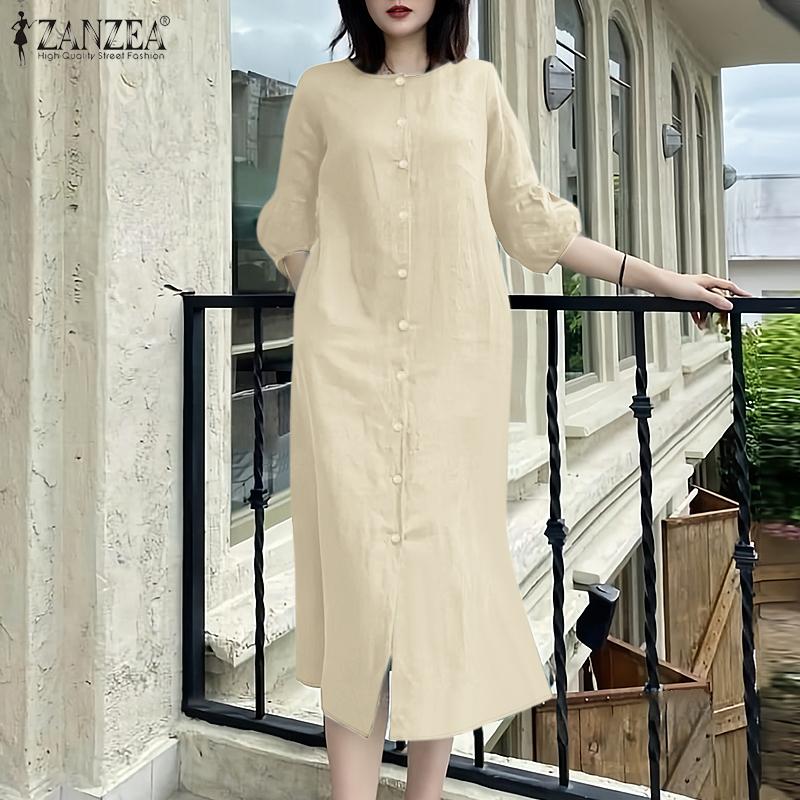 Váy Thường Ngày Cho Kỳ Nghỉ Của Phụ Nữ, ZANZEA, Tay Áo 3 / 4, Cổ Thuyền Chiều Dài Giữa Bắp Chân, Màu Trơn Váy Hàng Ngày 2