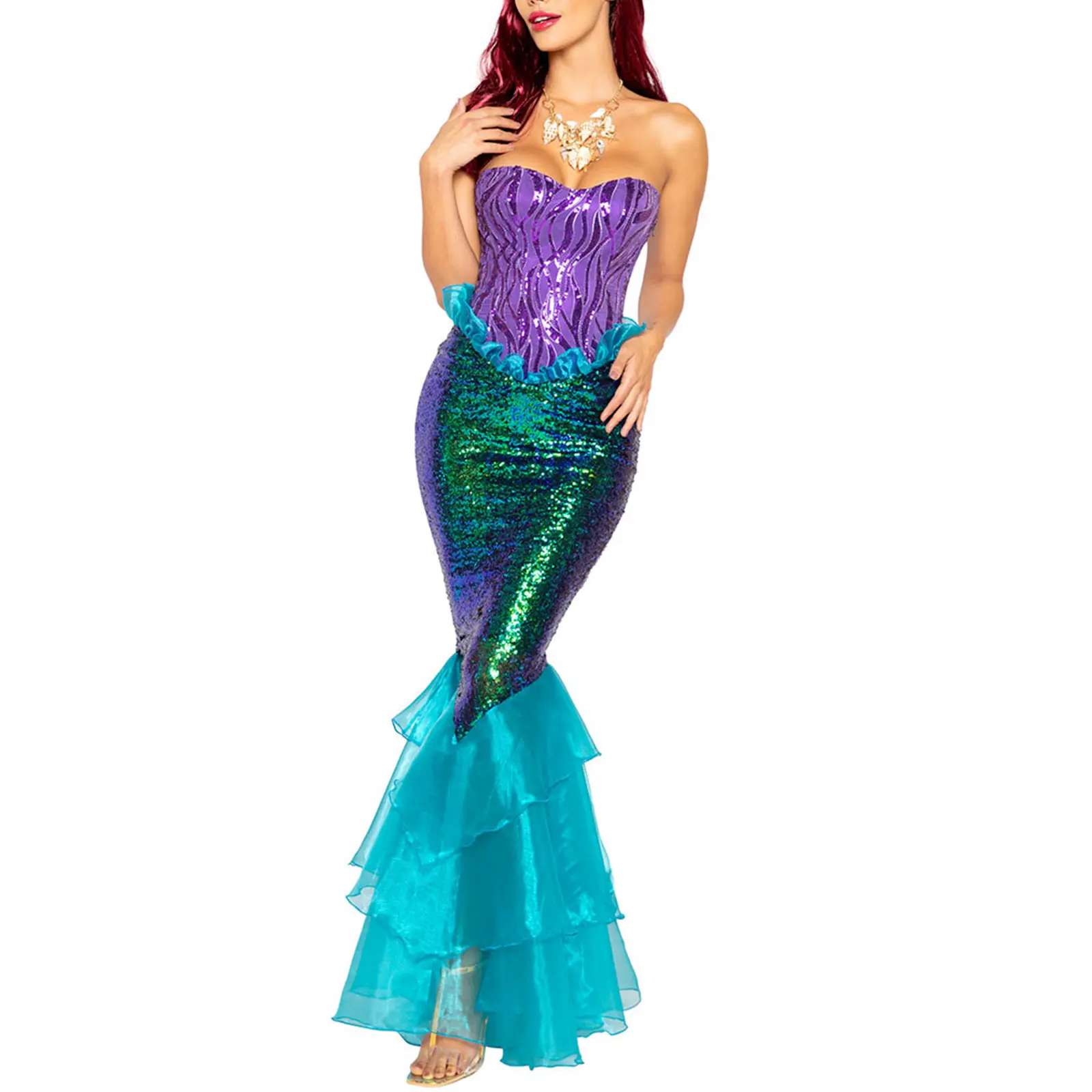 Women's Mermaid Party Costume, Strapless Tube Tops Ruffle Sequin Long Tail Cosplay Fancy Dress