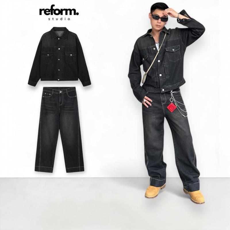 Set Jeans Gồm Áo Khoác Và Quần Jean Ống Suông Chỉ Nổi Smoke Wash Đen Xám RF-S3