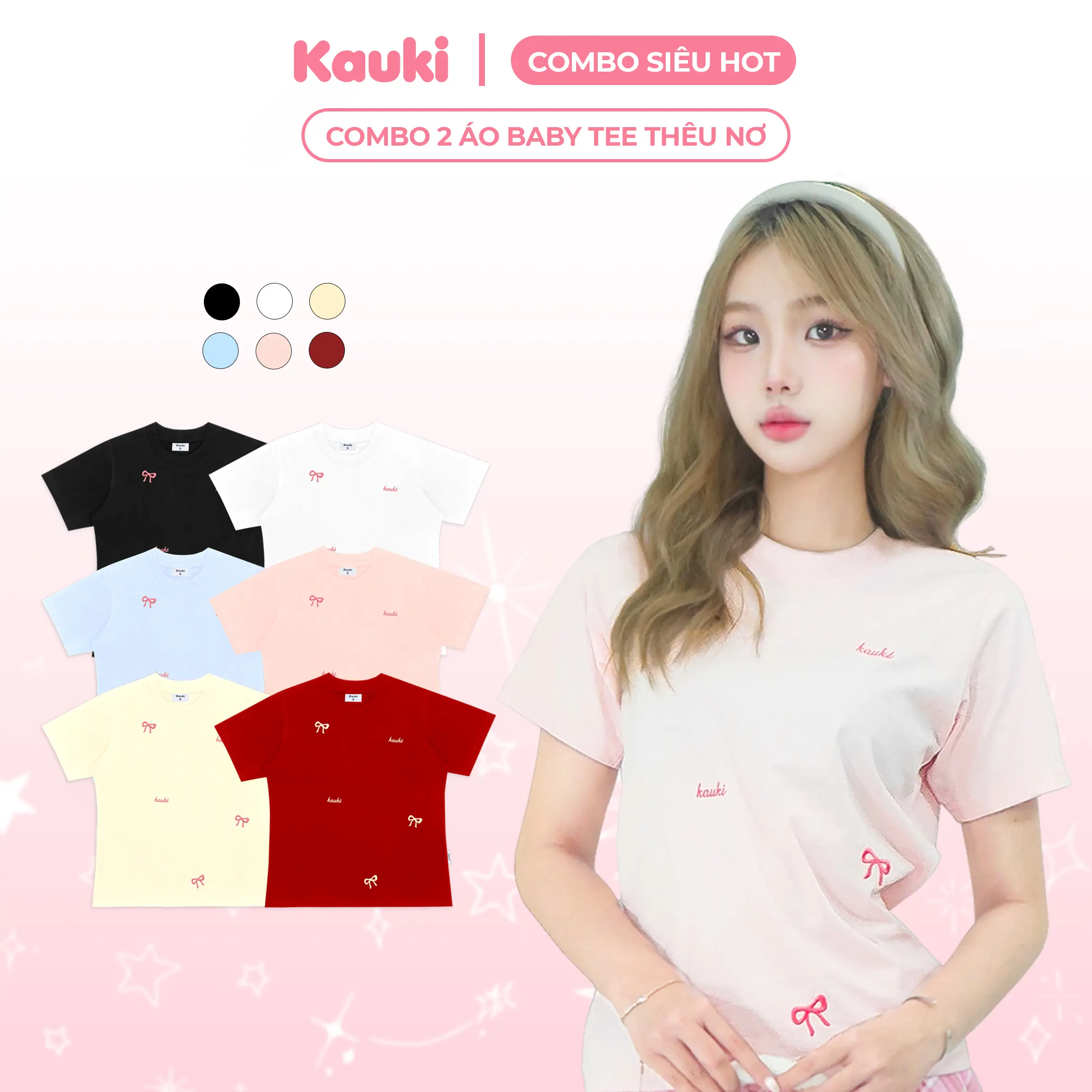 [MUA 2 GIẢM 30%] COMBO 2 Áo Baby Tea Cotton KAUKI Áo Thun Nữ Thêu Nơ Phong Cách Dễ Thương 250gsm Cổ Tròn CBBT23 baby tee  Women Top