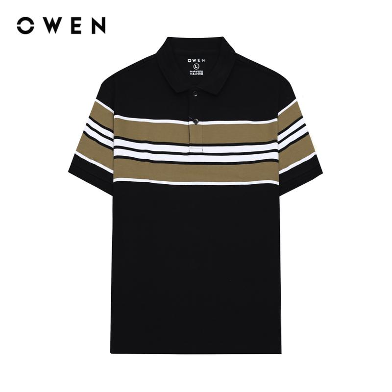 OWEN - Áo polo Nam ngắn tay Có Cổ Bodyfit APV233176 màu Đen trắng nâu chất liệu CVC Spandex -   Hoạ tiết Kẻ ngang Menswear