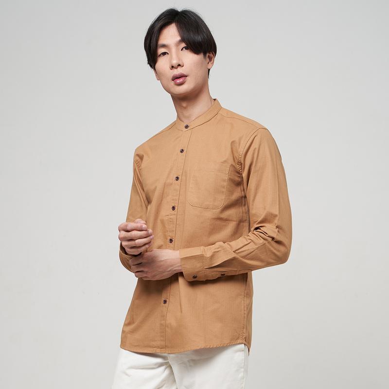 ALINO Kemeja Pria Kerah Sanghai Polos Lengan Panjang MOCCA 061 Nyaman Basic Casual Coklat Formal Hitam Kantor Slimfit Baju Kerja Cowok Kancing Hem 2