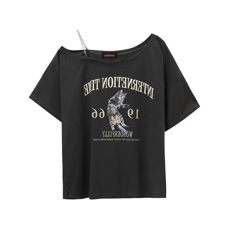 Vintage Off-Shoulder T-shirt Short Sleeve T-Shirt for Women, Loose Casual Gray T-shirt Summer Tops