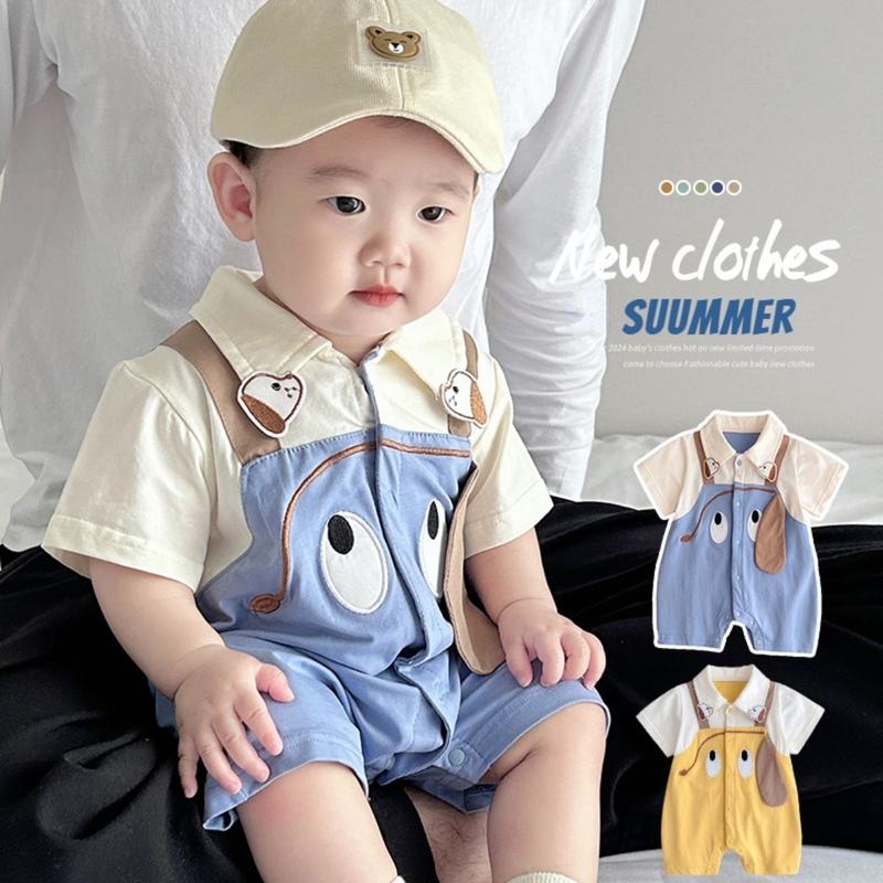 Áo Liền Quần Ngắn Tay Cho Em Bé Trai Và Bé Gái, Chất Lượng Cao, Hàng Mới Về Mùa Hè, Làm Bằng Bông Sợi, Thiết Kế Cún chó Con Hoạt Hình Nối, Siêu Đẹp Trai, Kiểu Áo Liền Quần