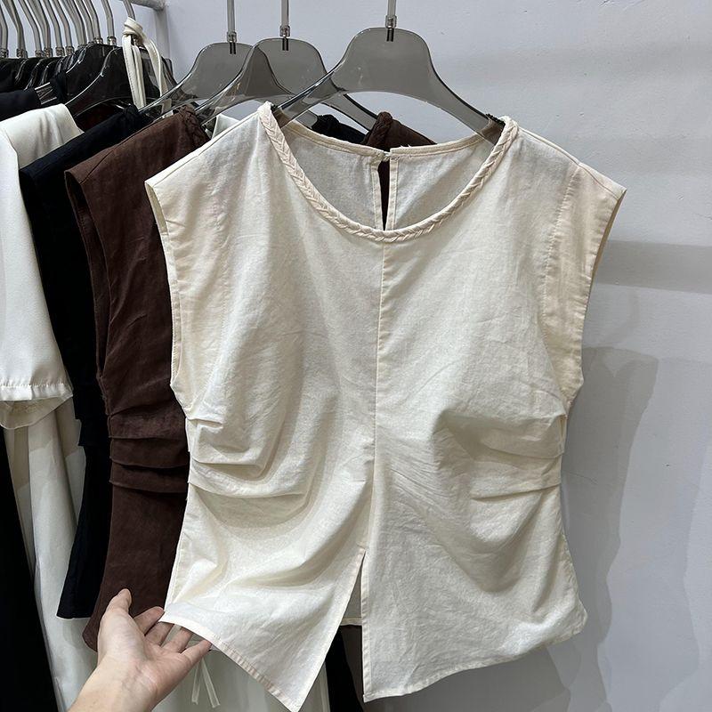 Áo Sơ Mi Vải Lanh Cotton, Không Tay Xếp Ly Dành Cho Phụ Nữ, Thiết Kế Cao Cấp, Áo Cánh Thắt Lưng, Tay Áo Rung, Hàng Mới Về Mùa Hè 2024 1