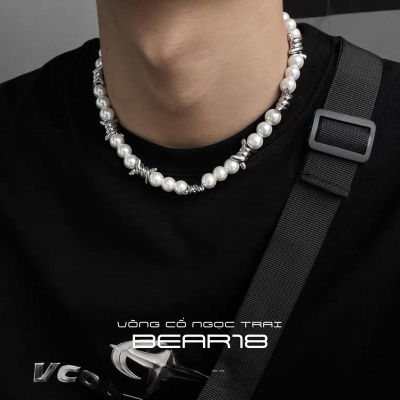 ( HOT TREND ) Vòng cổ ngọc trai màu trắng nhân tạo kiểu dáng hiphop cá tính unisex dành cho nam và nữ BEAR18 - D19 Chain Jewelry Trang Sức