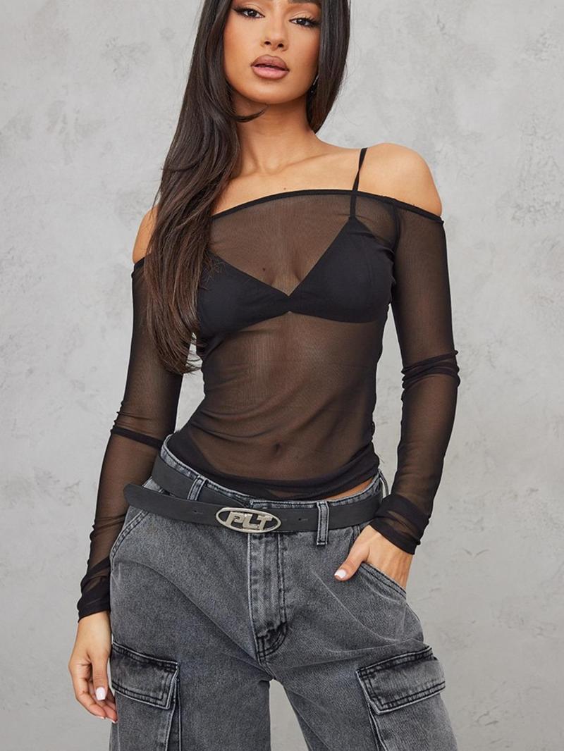 Product Introduction of Women's Off Shoulder Mesh Sheer Tee, Solid Color Long Sleeve Top for Spring & Fall, Women's Clothing for Daily Wear 3