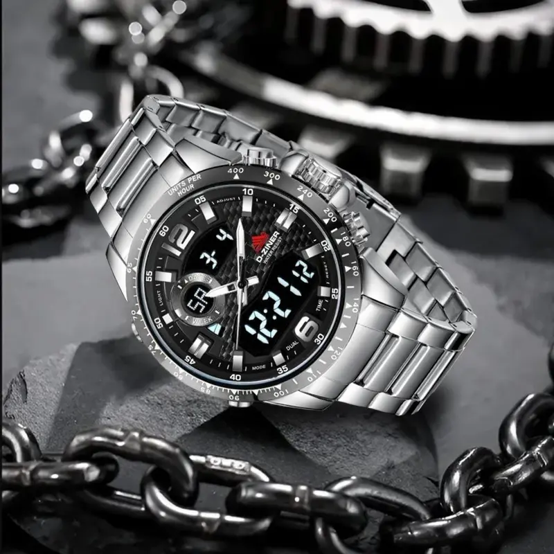 DISKON Jam tangan Pria 8306 Double Time Rantai Stainless Steel Water Resistant 3 ATM Kaca Watches 7