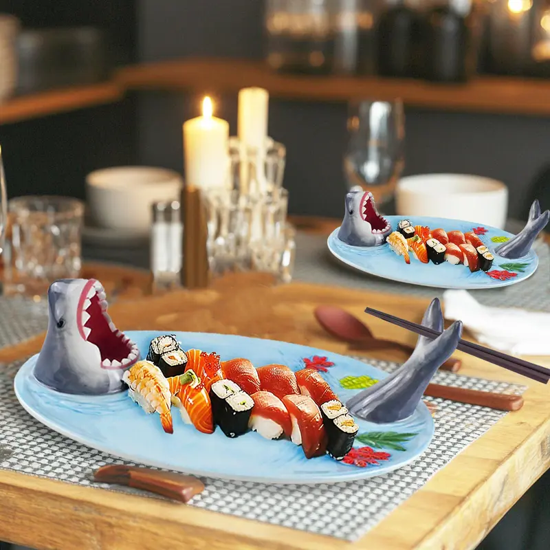 Shark Design Sushi Plate, 1 Count Creative Hand-painted Ceramic Sushi Plate, Food-safe Materials, Ideal Gift for Sushi Enthusiasts 5