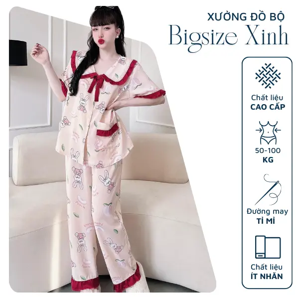 Đồ ngủ bigsize 50-100kg bộ dài  tiểu thư  mặc nhà thoải mái Nhung Nữ Women Áo