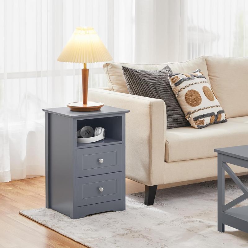 2pcs Bedside Table, Wooden Nightstand Cabinet Unit with 2 Drawers and Open Cubby Set of 2, Modern Sofa Side End Table for Living Room/Bedroom/Small Space, 35 x 40 x 60cm, Dark Gray 5