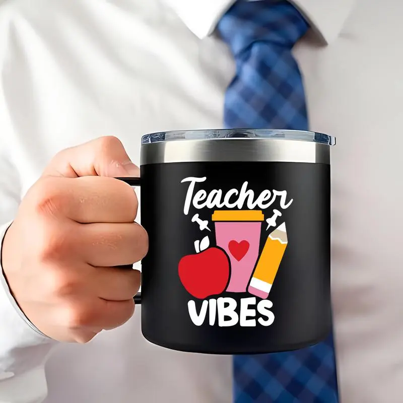 Teacher Vibes Letter Pattern Vacuum Flask, 14oz Stainless Steel Insulated Coffee Mug, Leak Proof Water Bottle for Home Office School, Drinkware 3
