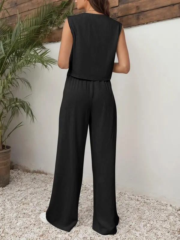 YOZY V Neck Vest & Elastic Waist Pants Set, Button Front Casual Sleeveless Top & Wide Leg Trousers, 2024 Women's Wear for Spring & Summer & Autumn, XS-XXl, Tops That Hide Stomach, Clothing 6