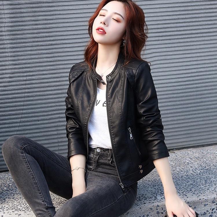 Áo Khoác Da Nữ Cổ Tàu Quảng Châu Bền Đẹp Màu Đen Hồng Be Nâu