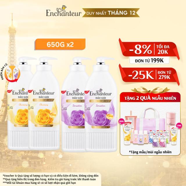 [TẶNG 2 DẦU XẢ 170G] Combo 2 Dầu Gội Hương Nước Hoa Chăm Sóc Tóc Siêu Mượt Enchanteur Women Charming/ Sensation 650gr/chai