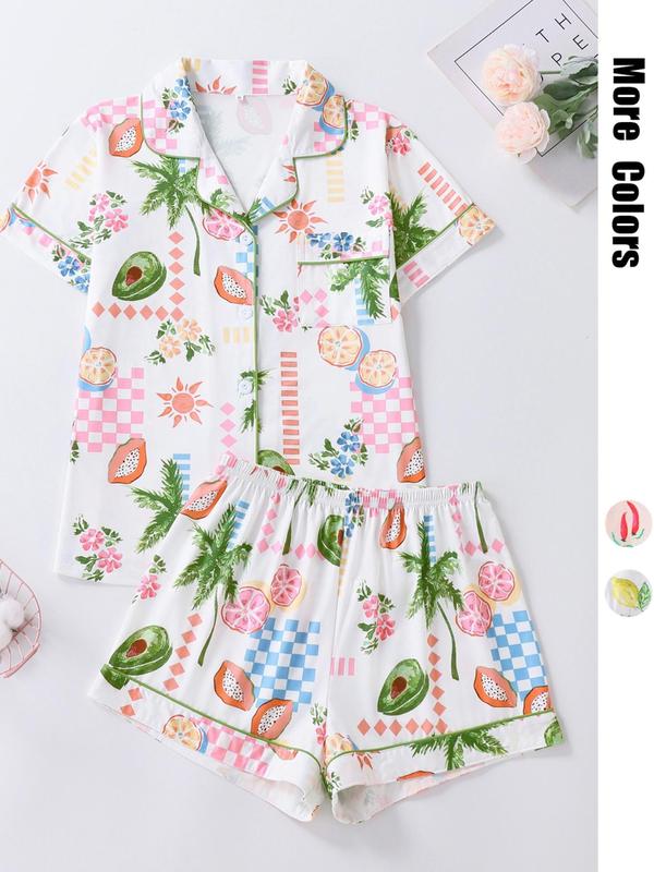 Two-piece Set Women's Fruit Print Lapel Neck Button Front Pajama Set, Casual Comfy Pastel Short Sleeve Pocket Top & Elastic Waist Shorts Pj Set, Ladies Sleepwear for All Seasons 3