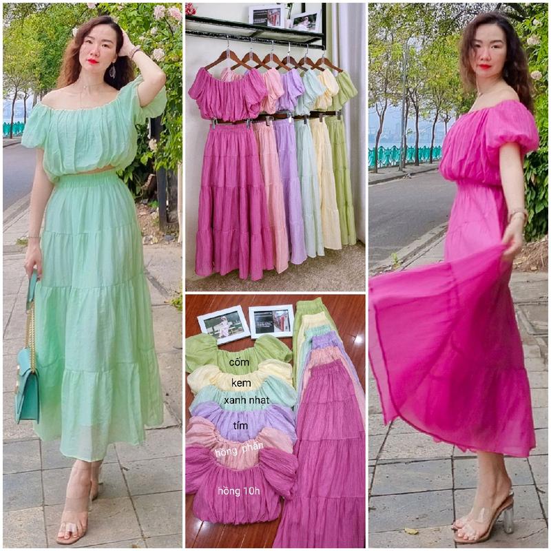 Set S1 maxi rời áo croptop mix cùng chân váy xòe nhiều tầng chất tơ xước mềm mát là hàng mình thiết kế may kỹ. Ảnh Thật.